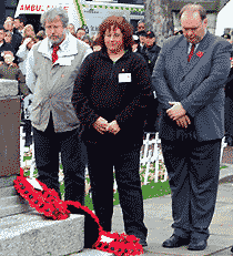 The Dover War Memorial Project wreath is laid - simon Chambers, Marilyn Stephenson-Knight, and Andy Cooper
