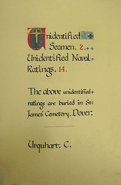 page with "U" entries, including unidentified seamen, 2, and unidentified naval ratings 14, buried at St James cemetery, Dover, also the surname Urguhart, by Simon Chambers