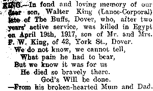notice from his parents, Mr and Mrs FW King of York Street, in mourning, courtesy Dover Express