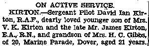 annoucnement of the death of David Kirton, "dearly loved younger son" ... grandson of Mrs HC Gibbs 20 Marine Parade, courtesy Dover Express