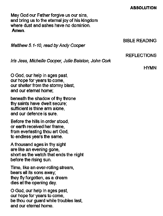 absolution, reading, reflections on those lost, hymn O God our Help