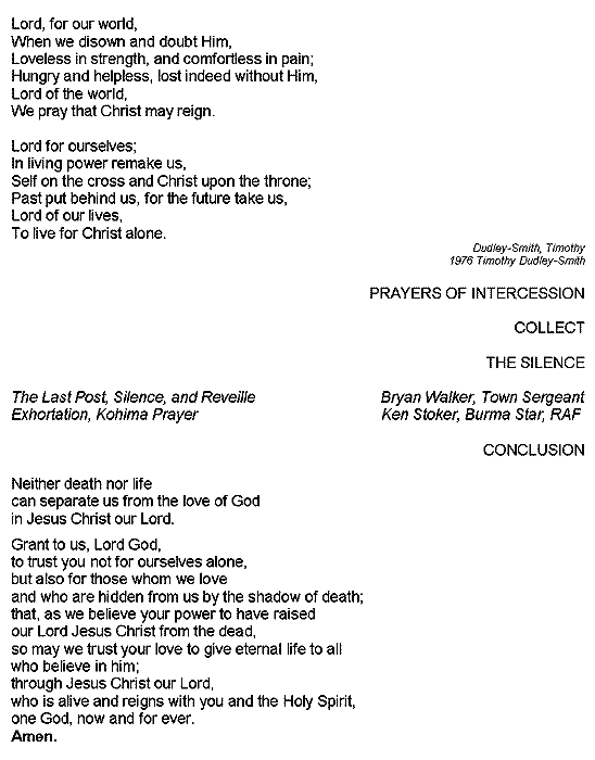 intercessions, collect, Last Post and Silence, conclusion