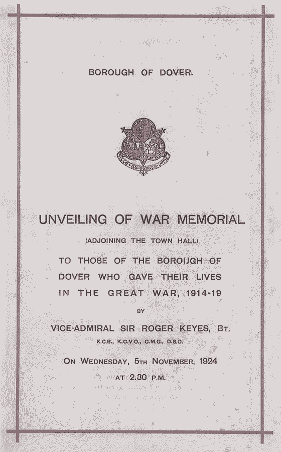 Front cover of the programme for Wednesday 5th November 1924 at 2.30 pm, unveiled by Sir Roger Keyes