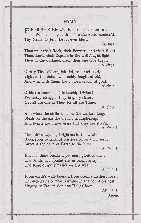 programme page six, continaing the words of the hymn "For all the Saints"