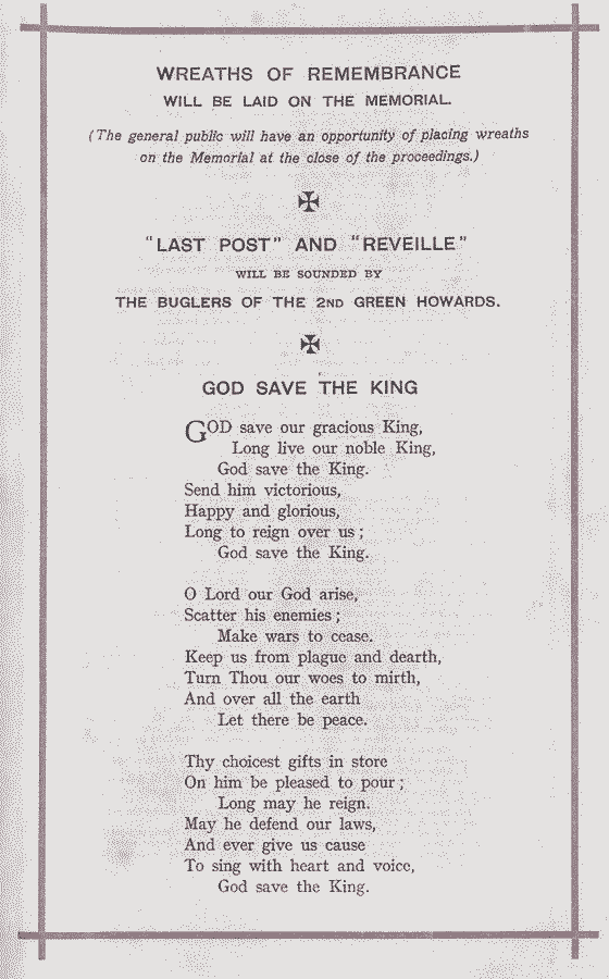 page 7 of the programme, with "official" wreaths being laid, Last Post and Reveillie being played, and the anthem "God Save the King"
