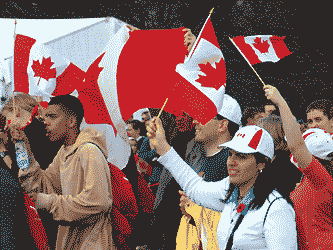 students waving flags