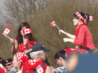 students waving flags