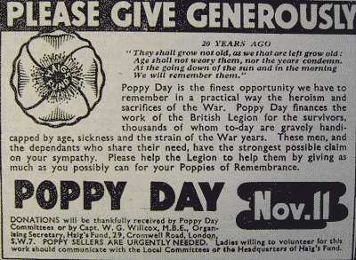poppy day advert, 1937, They shall grow not old, as we that are left grow old; Age shall not weary them, nor the years condemn. At the going down of the sun and in the morning we will remember them. Courtesy Dvoer Express